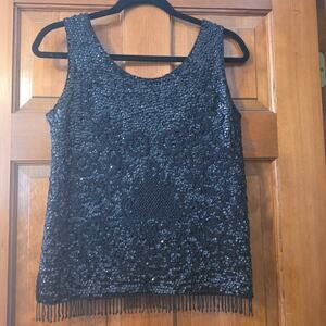 Hand Beaded fringe Heavy Wool Black Sequin Vintage Women's Cocktail Top Small